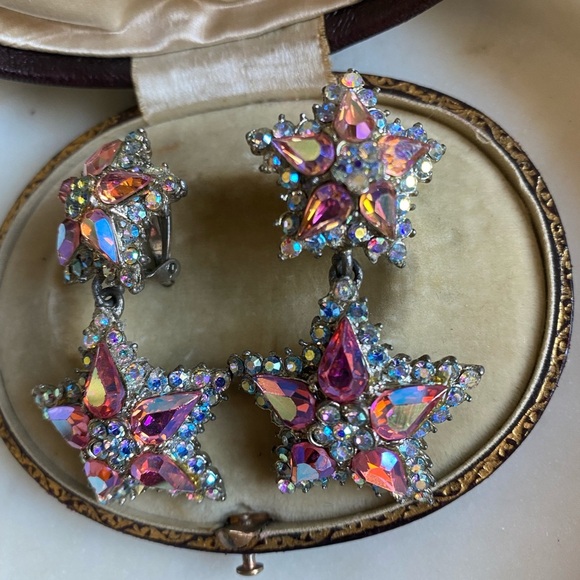 Vintage Thelma Deutsch Earrings pink/Star with AB Rhinestones Clip On ea… - Picture 10 of 13